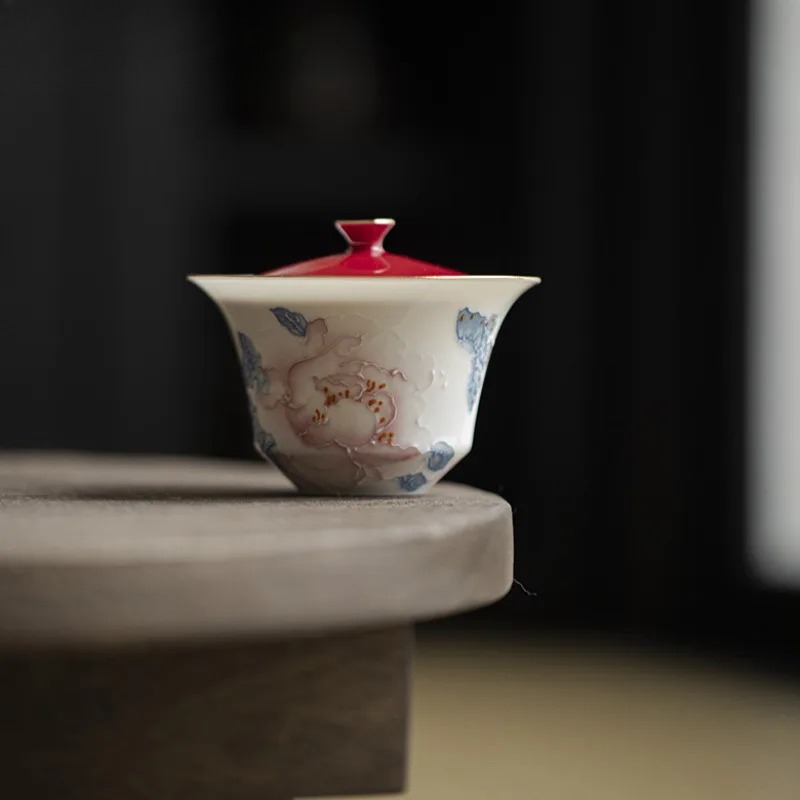 Art And Craft Exclusives - 100ml Handbemalte Pfingstrosen-Gaiwan Hochwertige Vergoldete Kung-Fu-Teetassen