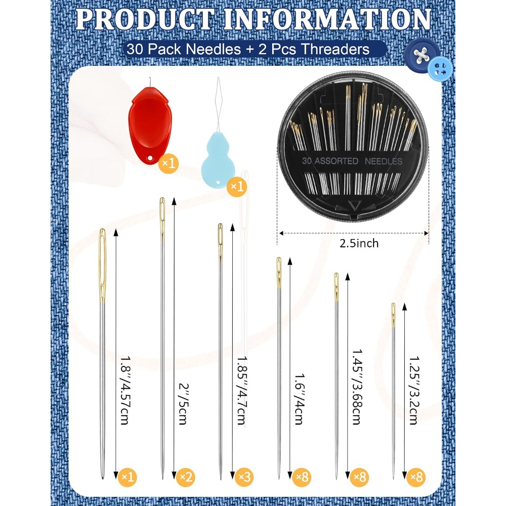 Art Craft Kits - 30-teiliges Stahl-Handnähnadel-Set in 6 Größen mit