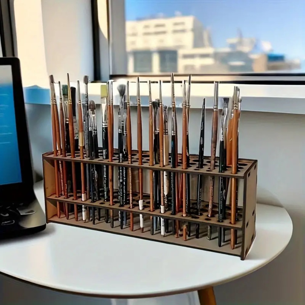 Art Craft Japan - 67-Fächer Holz-Pinselhalter Premium Doppelschichtiger Langlebiger Künstler-Schreibtisch-Organizer